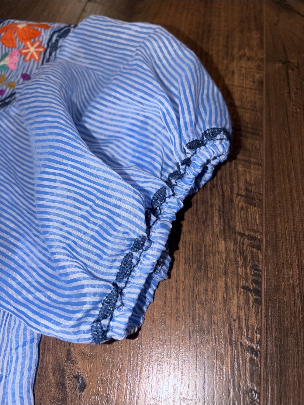 NWOT THML Light Blue Striped Puff-Sleeve Top with Floral Embroidery - Picture 3 of 9